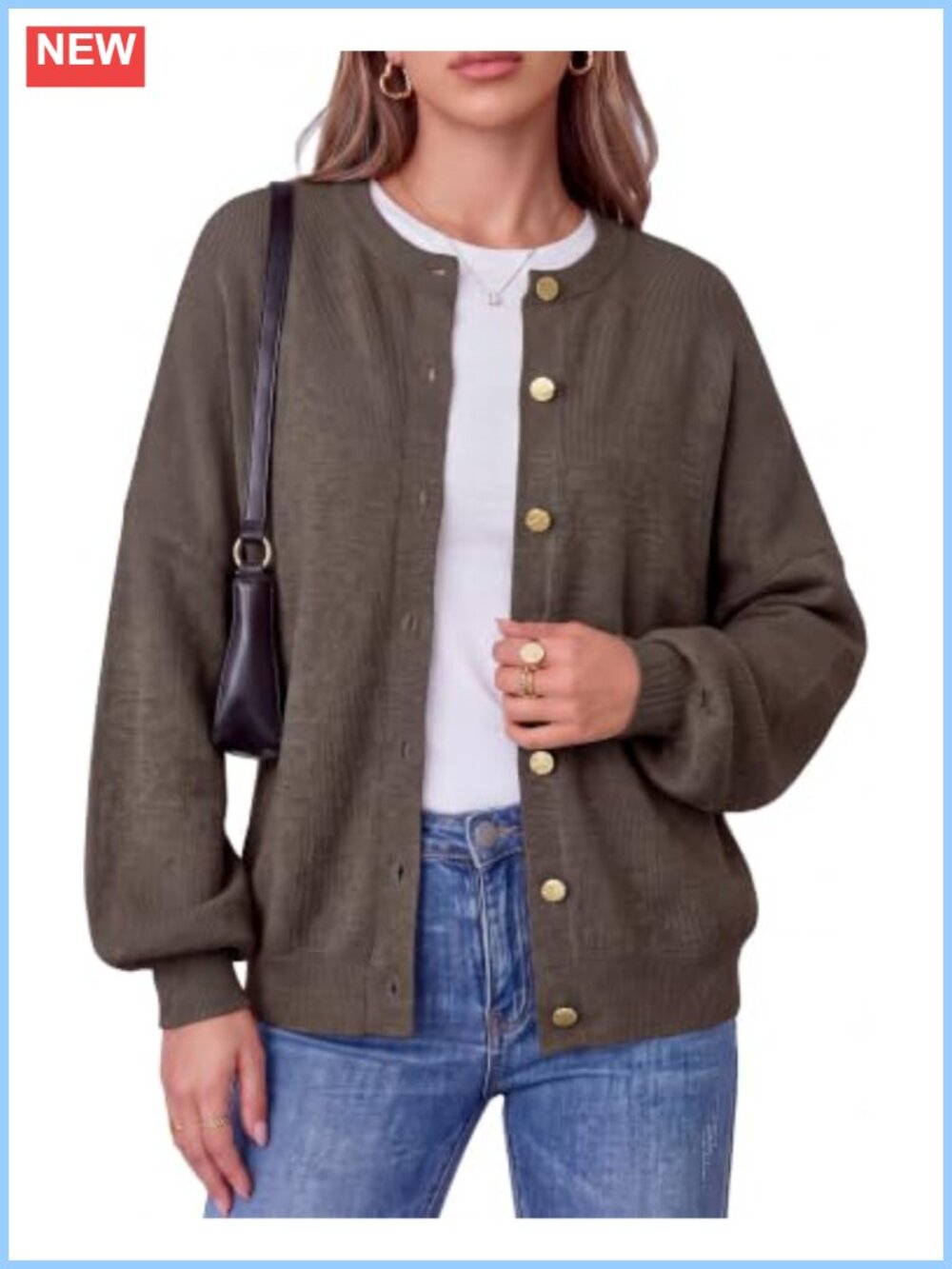 Wool Blend Gold Button Cardigan Crewneck Ribbed Long Sleeve